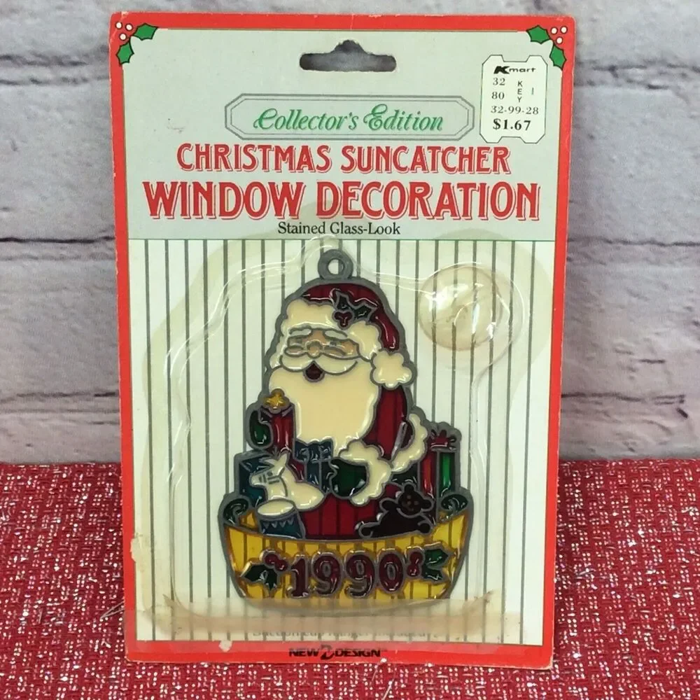 Vintage Christmas Santa Stained Glass Look Sun Catchers 1990's Collectible Decor